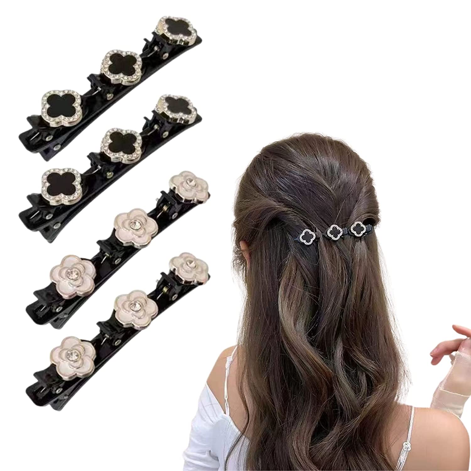 Menkey 4pcs Braided Hair Clips, Braided Hair Clip with 4 Small ClipsBlack Four-Leaf Clover, Pearl, Camellia Flower, Butterfly Pattern, Multi